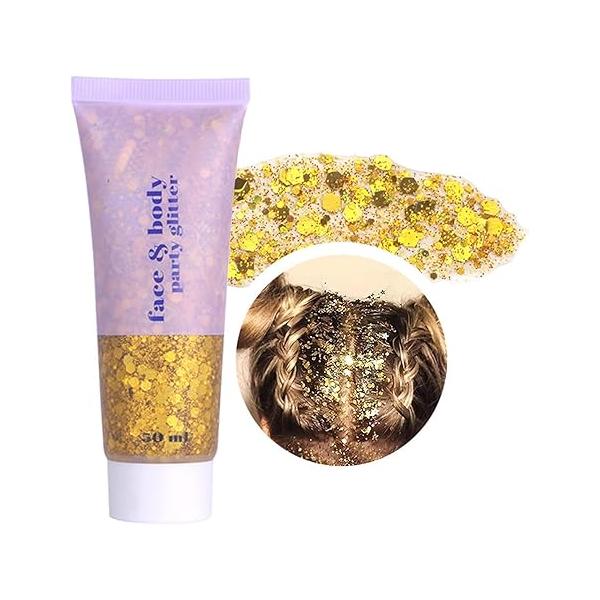 Body Glitter Gel, Face Glitters Gel Sequins Shimmer Liquid Eyeshadow, Chunky for Hair Nails, Holographic Cosmetic Laser Powder Festival Makeup 50ml (Golden Yellow)
