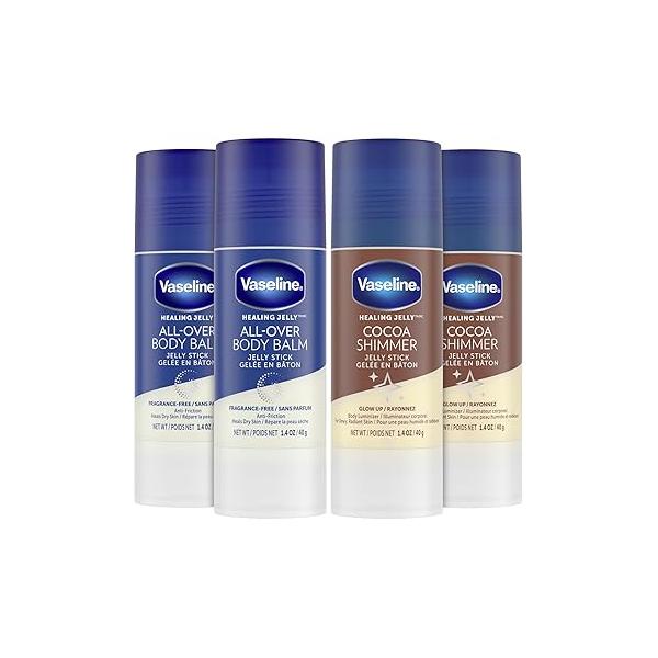 Vaseline Lotion Bundle, Cocoa Shimmer Jelly Stick Highlighter & Luminizer + All Over Body Balm Stick, Butter, Skin Care Set, Petroleum for Dry (4 Piece Set)