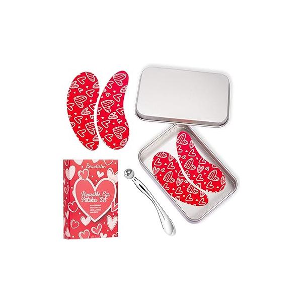 2 Pairs Reusable Under Eye Wrinkle Patches Silicone Mask, Plump Fine Lines & Wrinkles, with Metal Cream Applicator, Tin Case, Purple