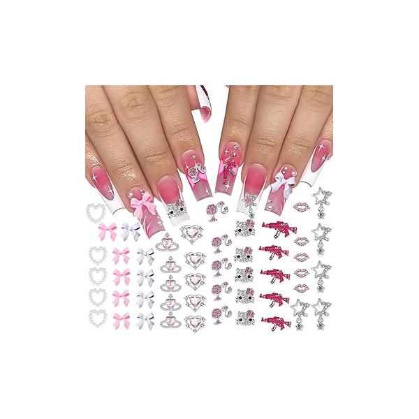Barbiecore Nail Charms, Pink Gun Head Lip Heart Saturn Rhinestione Art Charms Jewelry Decorations Acrylic Gems Accessories for Women Girl DIY Crafts Supplies