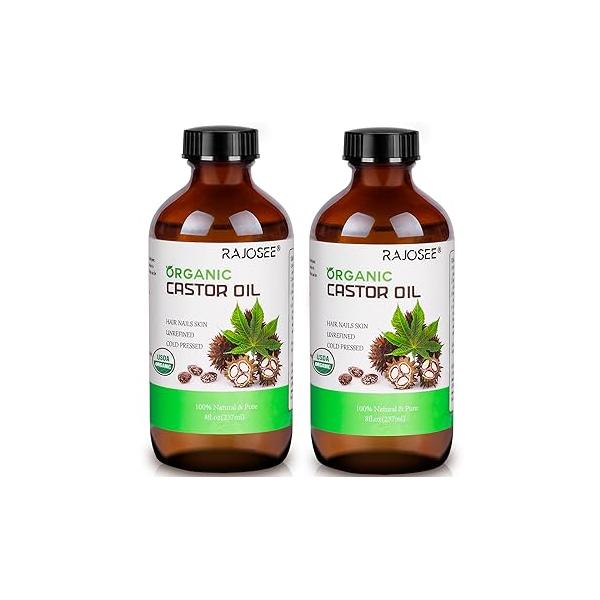 2 Pcs Certified Organic Castor Oil, Natural Oil Cold Pressed in Glass Bottle, Massage Pure for Hair Growth Eyelashes Eyebrows Lash Serum - Hexane Free, 8 oz Per Bottle