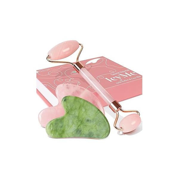 BAIMEI Rose Quartz Roller Set & Xiuyan Jade Gua Sha - Face Massager Tool and Guasha for