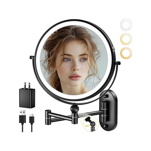 9" Wall Mounted Lighted Makeup Mirror,4000mAh Rechargeable Double Sided 1X/10X Magnifying Mirror with Light,3 Color Lights,Touch Dimmable,Extended Arm 360 Rotation