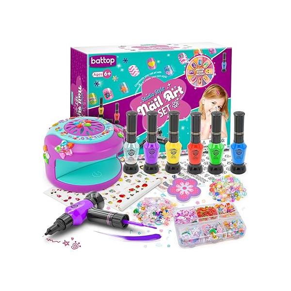 BATTOP Kids Nail Art Kit for Girls Ages 7-12 with Dryer & 2 in 1 Water Based Polish Pen 3D Decoration Sticker and Flier - Idea Birthday Gifts 7 8 9 10 11 12