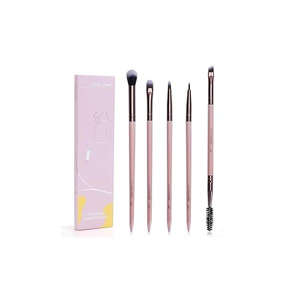 5-Piece Eye Makeup Brush Set - Pink Wooden Handles Soft, Dense Synthetic Bristles Includes Blending, Mini Concealer, Detail, Eyeliner, and Dual-Ended Eyebrow -Eye Kit