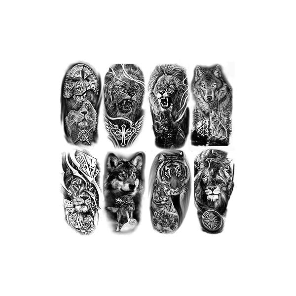 8 Sheets Realistic Animal Temporary Tattoos Stickers Black Gray Forest Lion Wolf Tiger Compass Cross Poker Card Warrior Men Waterproof Arm Leg Fake Body Art