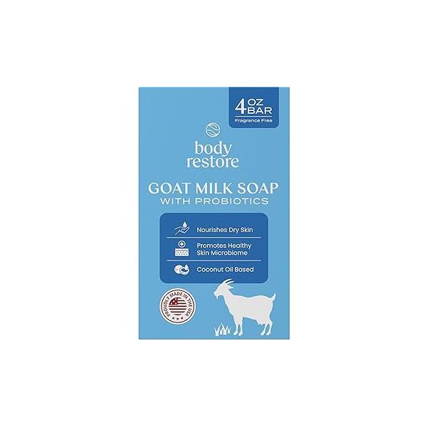 Body Restore Goat Milk Soap 4 OZ Bar 1 Pack - Coconut Oil Based, Probiotics, Self Care Gifts for Women, Men, Natural Body, Face & Hand Wash, Skin Care, Travel Essentials Fragrance Free