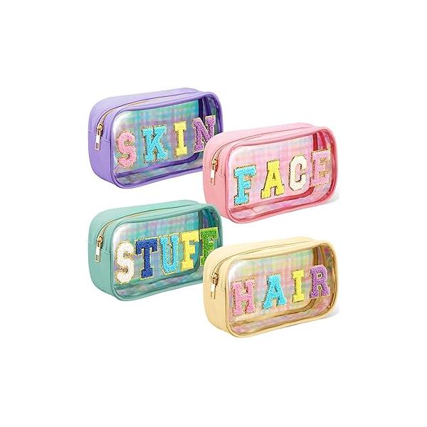 4 Pieces Chenille Letter Cosmetic Bag Set Nylon PVC Clear Waterproof Makeup Pouch Stuff Hair Travel Zipper Multi Purpose Aesthetics Toiletry Organizer for Women Gym Beach (Fresh Colors)