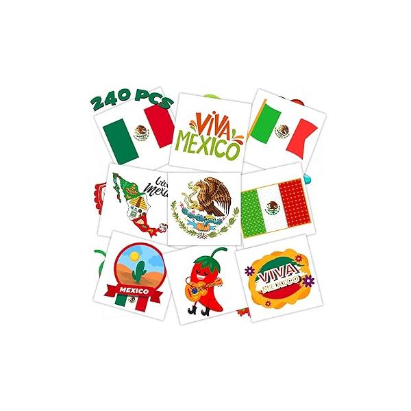 winthrop 240 Pcs Bulk Viva Mexico Temporary Tattoos for Kids, Individually Wrapped Safety Waterproof Tattoos, Best Choice Mexican Fiesta Party Independence Day, 60 Designs