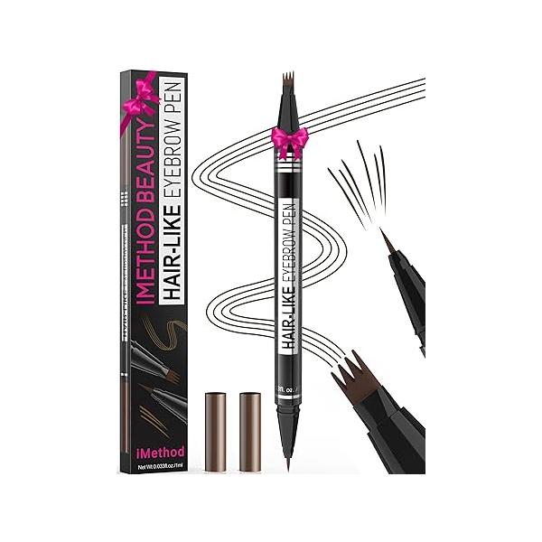 iMethod Microblading Eyebrow Pen - Pencil Magical 2-in-1 Dual-Ended Eye Brow Pencils for Women with 4-Fork-Tip & Precise Brush-Tip Create Natural Hair-Like Brows, Last All-Day, Light Brown