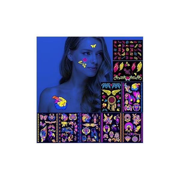 8 Large Sheets Neon Temporary Tattoos 100+ Glow UV Jewellery Body Shimmer Tattoo Black Lights Fake Skin Party Accessories Stickers for Women Girls Face Art