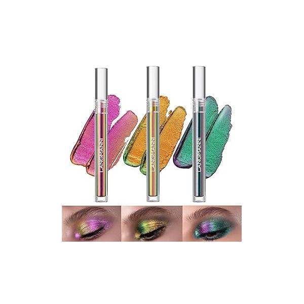 3 Colors Metallic Liquid Chameleon Eyeshadow, Multi-Dimensional Eye Looks, Long-lasting Holographic Glitter Multichrome Eyeshadows Makeup (#Peacock+Wonder+Ember)