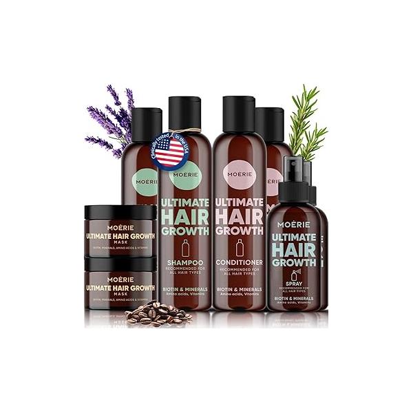 Moerie Shampoo and Conditioner Plus Hair Mask Spray Mega Pack - The Ultimate Growth Care For Longer, Thicker, Fuller - Volumizing Products Paraben & Silicone Free (Set of 4)