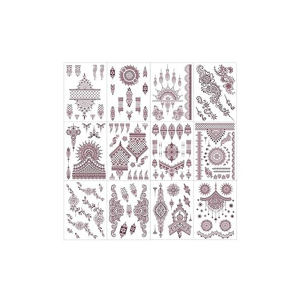 12 Sheets Brown Henna Tattoo Kit, Waterproof Stickers for Women Wedding Party Body Art