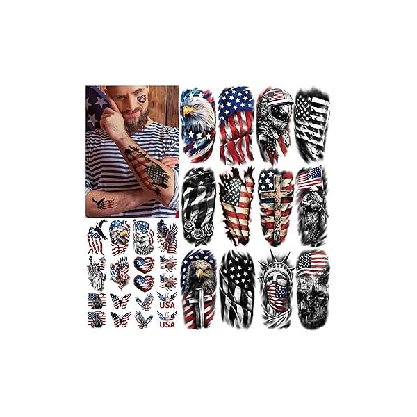 77 Sheets Independence Day Temporary Tattoo for Women Men, 17 Half Arm 4th of July Fake Tattoos, 60 Tiny American Flag Eagle Dog Cat Cow Memorial Labor Patriotic Body Tattoos