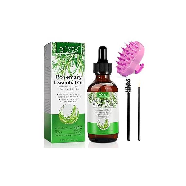 Organic Rosemary Oil (60ml) with Scalp Massager - Hair Growth, Eyelash, Eyebrow & Body for Nourishing and Improved Circulation