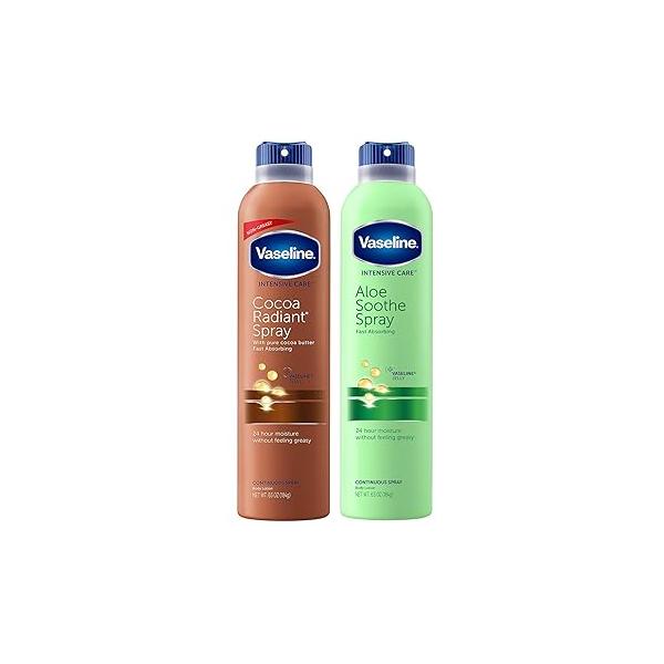 Vaseline Cocoa Radiant Spray + Aloe Soothe Variety 2-Pack - Non-Greasy, Fast-Absorbing All-Over Moisturizer for Dry Skin, 6.5 Oz Ea
