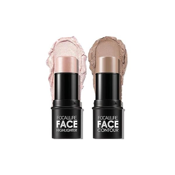 FOCALLURE 2 Pcs Mineral Cream Contour Stick,Moisturize Highlighter and Bronzer Pen,Non Stick Face Brightens & Shades Pencil,Long Lasting Smooth Gliding Illuminator Makeup,Light-medium