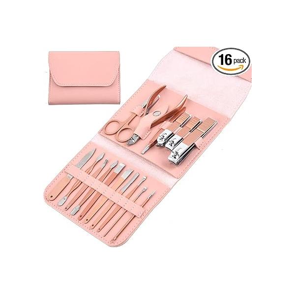 Professional Manicure & Pedicure Set - 16pcs Nail Care Kit Stainless Steel Tools Portable Travel Case