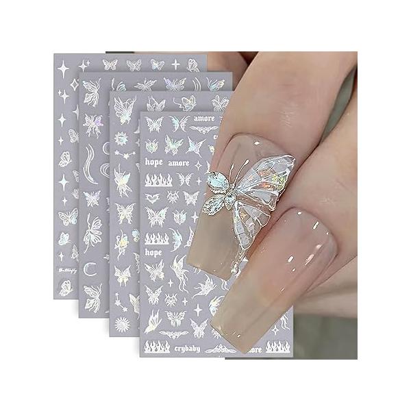 8pcs Laser Black Butterfly Nail Stickers for Women 3D Aurora Decals Art Supplies Metallic Silver Pink Butterflies Nails Manicure Decorations Fingernail Sticker Set
