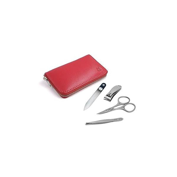 GERMANIKURE 4pc Travel Manicure Set - FINOX Stainless steel tools handmade in Solingen Germany: Nail clipper, Cuticle scissor, Tweezer, Glass file Leather Case