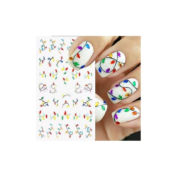 5D Christmas Colorful Lamp Nail Stickers - Diowino Cartoon Relief for Nails 2PCS Colour Branch Self-Adhesive Art Retro Sticker Decals Women Manicure
