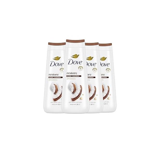 Dove Body Wash Restoring Coconut & Cocoa Butter 4 Count for Renewed, Healthy-Looking Skin Gentle Cleanser That Effectively Washes Away Bacteria While Nourishing Your 20 oz