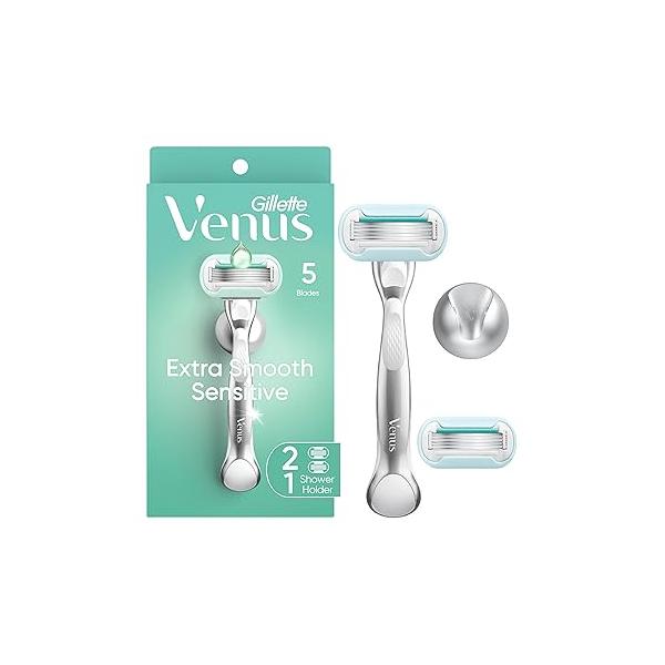 Gillette Venus Extra Smooth Sensitive Razor for Women, Includes 1 Reusable Handle + 2 Refills, Skin with Metal and Shower Holder