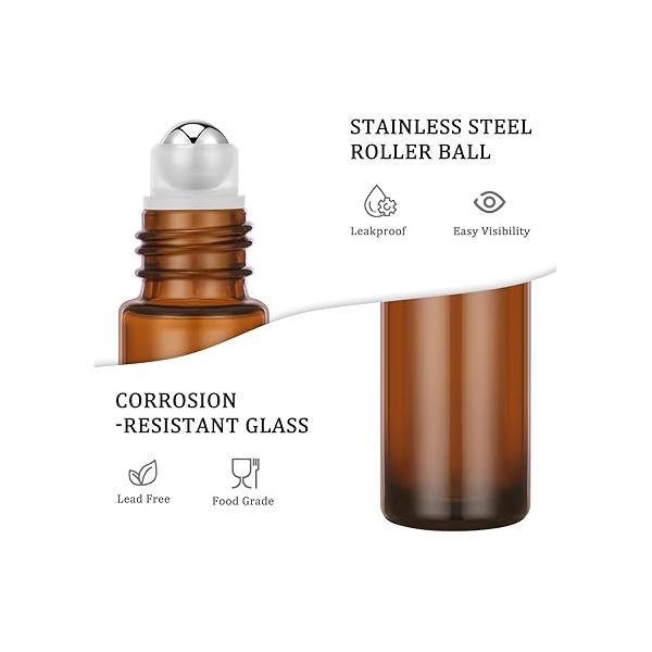 4 Pack, 10ml Essential Oil Roller Bottles, Amber Glass Balls for Oils, Empty Rollerball Bottles Travel Refillable Roll on Perfume with Caps