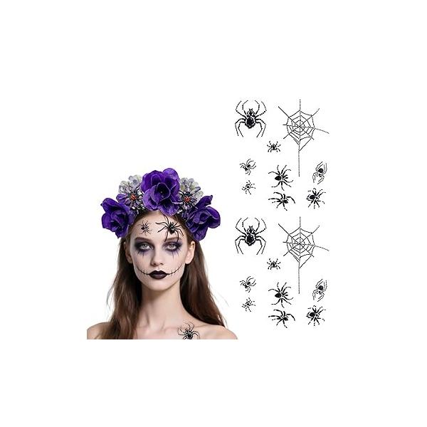 5D Spider Face Gems Jewels Tattoos for Halloween, Day of the Dead Crystal Stones Body Makeup Stickers (Large, Count, 2)