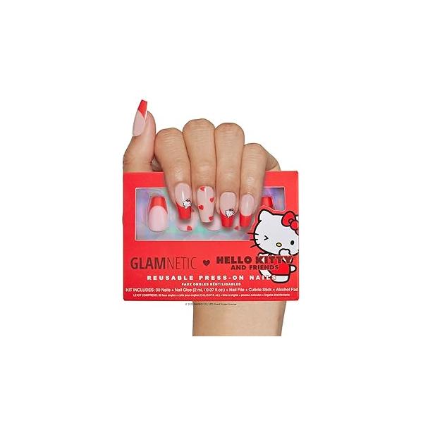 Glamnetic x Hello Kitty® and Friends Press On Nails - Pochacco™ | Short Oval Silver Metallic Graphic Fake in a Chrome Finish 15 Sizes 30 Nail Kit with Glue