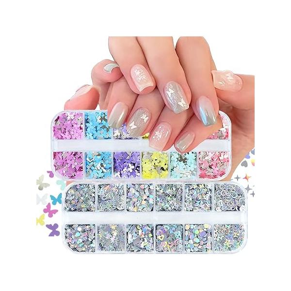 6 Box Xmas Red Green Nail Art Glitter Christmas Sequins Flakes With Snowflake Star Design Manicure Fine Powder Winter Stickers Decals Supplies Charms for Women Girls