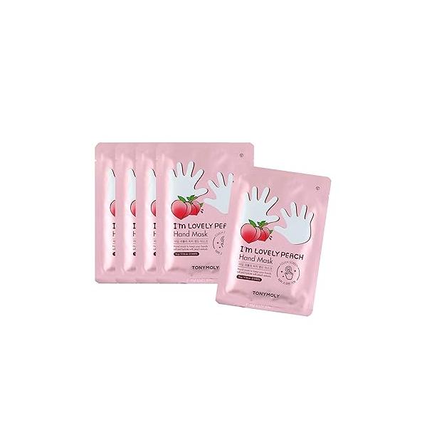 TONYMOLY I'm Lovely Peach, Hand Mask for Dry Skin, Hydrating, Moisturizing Plum, Honeysuckle Extract, 5pk