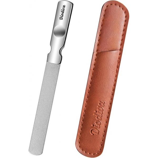 Medium Grit Metal Nail File with Travel Leather Case, Rough for Acrylic Nails Stainless Steel Fingernail Men Women, Heavy Duty Thick Toenails, Mini Filer