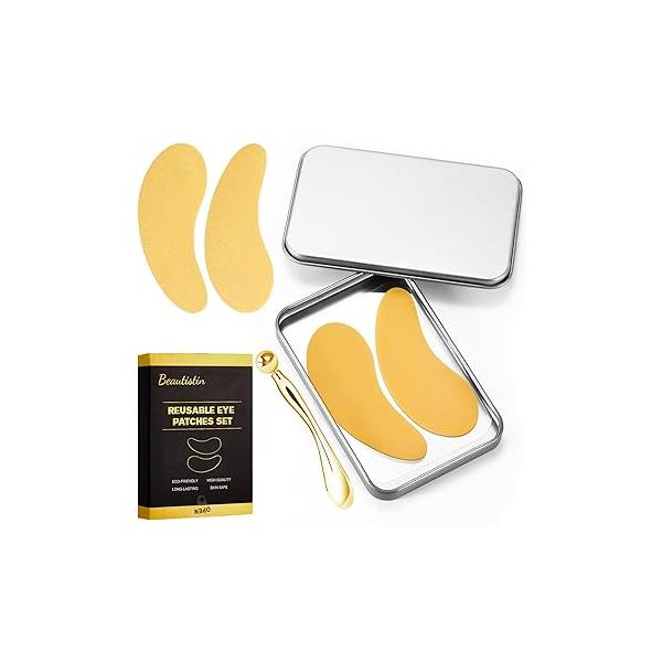 2 Pairs Reusable Under Eye Wrinkle Patches Silicone Mask, Plump Fine Lines & Wrinkles, with Metal Cream Applicator, Tin Case, Purple