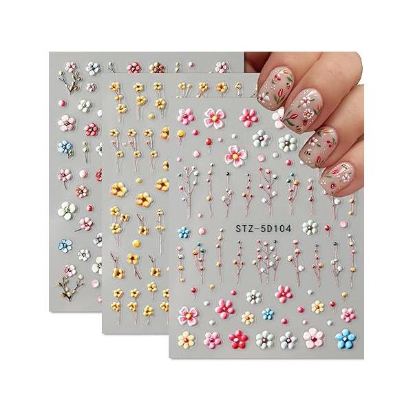 Flower Nail Stickers 3 Sheets for Nails Art Design with Pink Purple Floral Decals Self-Adhesive DIY Decoration Spring Summer Supplies Woman Girls