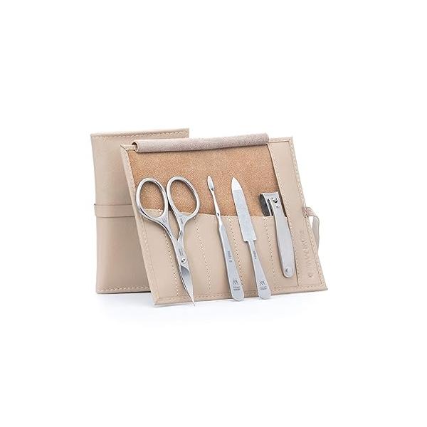 GERMANIKURE 4pc Manicure Set in Yellow Leather Case - Made Solingen Germany, FINOX Stainless Steel Tools - Professional Quality Compact Nail Grooming Kit