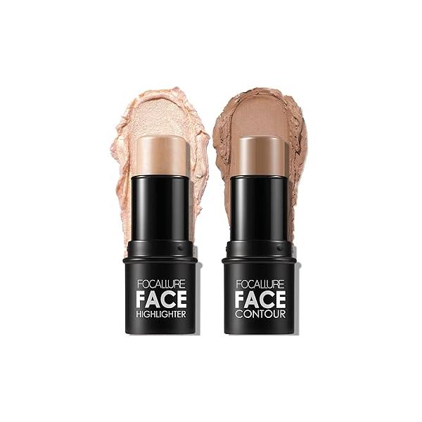 FOCALLURE 2 Pcs Mineral Cream Contour Stick,Moisturize Highlighter and Bronzer Pen,Non Stick Face Brightens & Shades Pencil,Long Lasting Smooth Gliding Illuminator Makeup,Light-medium