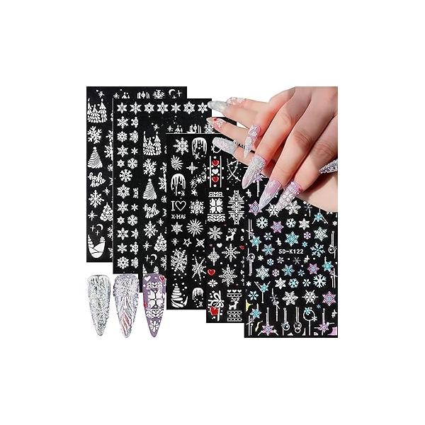 6 Sheets Christmas Snowflake Nail Stickers 5D Embossing Design Art Decals Exquisite Tree Elk Heart Etc Supplies Winter Sticker for Women Holiday DIY Decorations