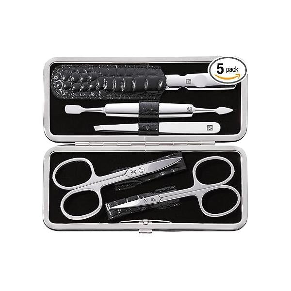 ZWILLING Beauty TWINOX Manicure and Pedicure Crocodile Pattern Cowhide Leather Case with Zip Closure, Nail Care Kit, 6-Piece, Premium Travel Matte, Black