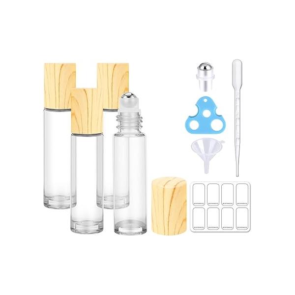 4 Pack, 10ml Essential Oil Roller Bottles, Amber Glass Balls for Oils, Empty Rollerball Bottles Travel Refillable Roll on Perfume with Caps