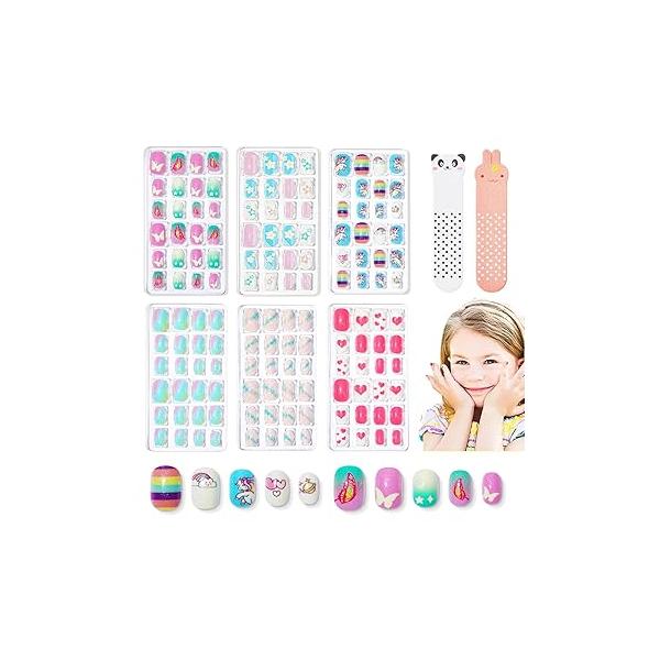 Modelones Press on Nails for Kids 144Pcs 6 Pack Children Acrylic Fake Pre-glue Full Cover Glitter Gradient Color Mermaid Beach Short False Nail Art Kits Sets Easter Gifts Girls