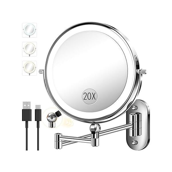 9" Wall Mounted Makeup Mirror with Light, 20X/1X Height Adjustable Double Sided Magnifying Bathroom Lighted Mirror, 3 Color Touch Dimmable Extended Arm 360 Rotation Light up Magnification Mirrors