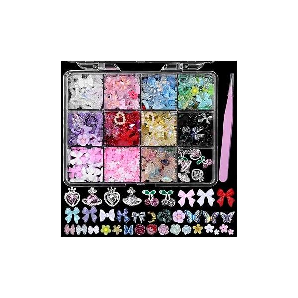 3D Nail Charms Cherry Heart Planet and Rhinestone, Junk Case Charms, Assorted Bows Flowers Color Butterfly Rose Star Hollow Nails Art for Acrylic DIY