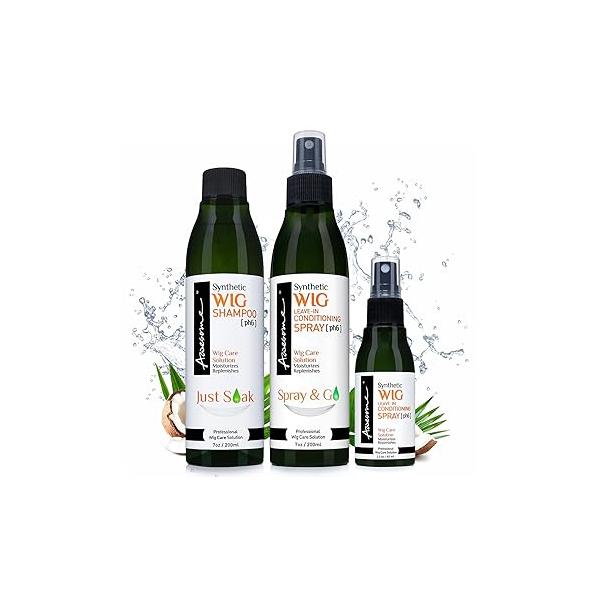 Awesome Synthetic Wig Shampoo & Leave in Conditioner Spray, pH6, Replenishes Easy Combing, Contains Coconut Oil (Premium Set of 3)