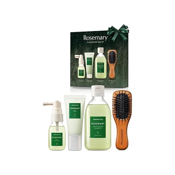 AROMATICA Rosemary Scalp Scaling Trial Kit - Travel Size Hair care for women with Mini Wooden Brush, Gentle Exfoliating Care growth product, Essential Oils & Vegan Formula