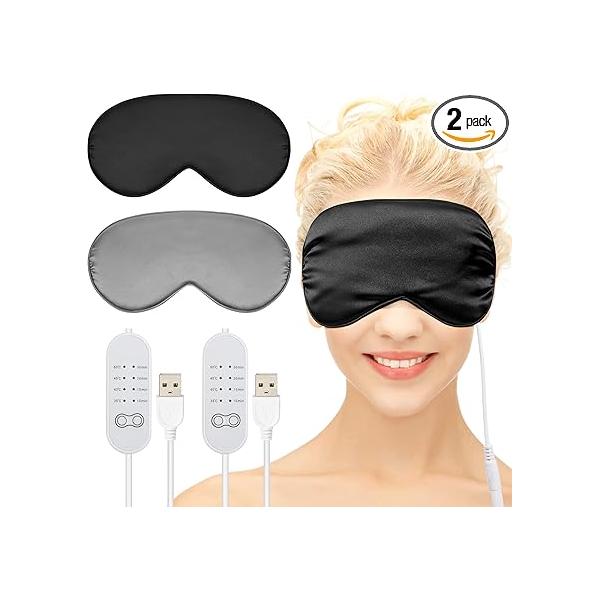 2 Pieces Silk Heated Eye Mask for Dry Eyes USB Steam Warm Compress Puffy Adjustable Temp Sleep Eye, Chalazion, Blepharitis, Stye (Black, Grey)