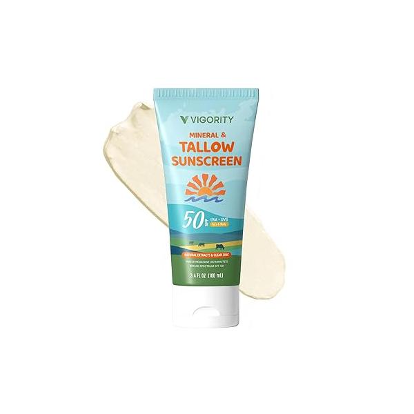 Beef Tallow Sunscreen with Zinc Oxide: Natural Non-Toxic SPF 50 Sunblock Cream for Face & Body - 10 Food-Grade Botanical Extracts Kids Sensitive Skin Safe, Water-Resistant 3.4 FL OZ