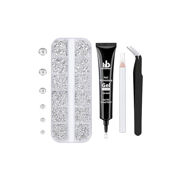 Nail Art Rhinestone Glue Gel&2 Boxes Flatback Gems Kit, 1 Tube of 15ml Gel Glue+Colorful Gems+Flat Back Round Glass Crystal AB&Clear Gemstones with Pickup Tools