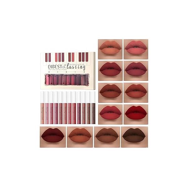 12PCS Matte Liquid Lipstick Set Non-Stick Cup and Not Fade Pigmented Long-Lasting Waterproof Velvet Lipgloss Kit Makeup for Girls Women (Set 01)